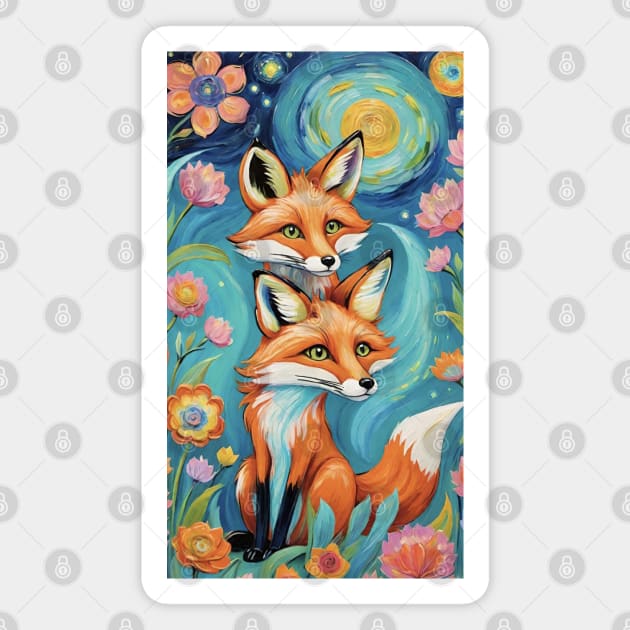 Mystical Foxes: Guardians of the Starry Night Magnet by FridaBubble